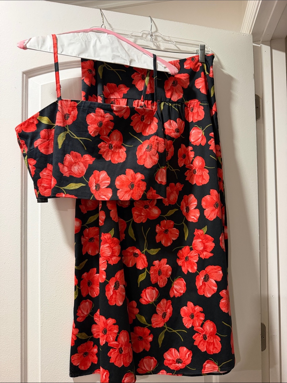 Black Skirt with Red Floral Print Top